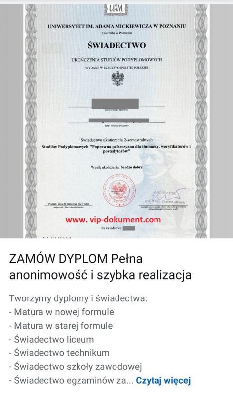 Tu kupisz dyplomy wszystkich uczelni i szkół w...